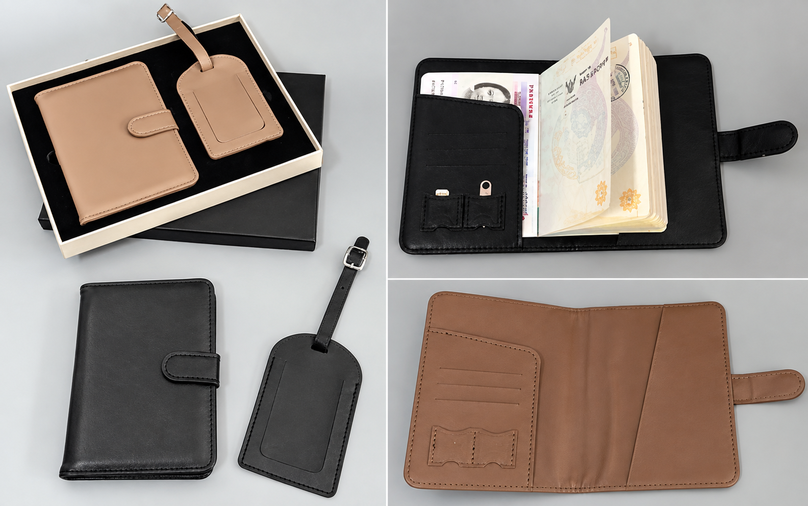 ชุดที่ใส่พาสปอร์ต และ ป้ายคล้องกระเป๋าในกล่องกิ๊ฟ มีที่ใส่ SIM 2 ช่อง บรรจุกล่องกิ๊ฟฐานสีเงิน ฝาสีดํา